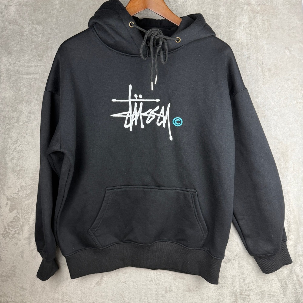 Stussy International Embroidered Logo Hoodie Black Mens Med‎ Streetwear Pullover